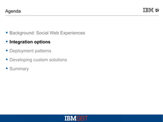 Agenda



Background: Social Web Experiences



Integration options



Deployment patterns



Developing custom solutions



Summary

 