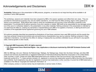 Acknowledgements and Disclaimers
Availability: References in this presentation to IBM products, programs, or services do not imply that they will be available in all
countries in which IBM operates.
The workshops, sessions and materials have been prepared by IBM or the session speakers and reflect their own views. They are
provided for informational purposes only, and are neither intended to, nor shall have the effect of being, legal or other guidance or
advice to any participant. While efforts were made to verify the completeness and accuracy of the information contained in this
presentation, it is provided AS-IS without warranty of any kind, express or implied. IBM shall not be responsible for any damages arising
out of the use of, or otherwise related to, this presentation or any other materials. Nothing contained in this presentation is intended to,
nor shall have the effect of, creating any warranties or representations from IBM or its suppliers or licensors, or altering the terms and
conditions of the applicable license agreement governing the use of IBM software.
All customer examples described are presented as illustrations of how those customers have used IBM products and the results they
may have achieved. Actual environmental costs and performance characteristics may vary by customer. Nothing contained in these
materials is intended to, nor shall have the effect of, stating or implying that any activities undertaken by you will result in any specific
sales, revenue growth or other results.

© Copyright IBM Corporation 2013. All rights reserved.
– U.S. Government Users Restricted Rights - Use, duplication or disclosure restricted by GSA ADP Schedule Contract with
IBM Corp.
IBM, the IBM logo, ibm.com, Rational, the Rational logo, Telelogic, the Telelogic logo, Green Hat, the Green Hat logo, and other IBM
products and services are trademarks or registered trademarks of International Business Machines Corporation in the United States,
other countries, or both. If these and other IBM trademarked terms are marked on their first occurrence in this information with a
trademark symbol (® or ™), these symbols indicate U.S. registered or common law trademarks owned by IBM at the time this information
was published. Such trademarks may also be registered or common law trademarks in other countries. A current list of IBM trademarks is
available on the Web at “Copyright and trademark information” at www.ibm.com/legal/copytrade.shtml
Other company, product, or service names may be trademarks or service marks of others.

54

© 2013 IBM Corporation

 