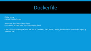Dockerfile
FROM nginx
ENV AUTHOR=Docker
WORKDIR /usr/share/nginx/html
COPY Hello_docker.html /usr/share/nginx/html
CMD cd /usr/share/nginx/html && sed -e s/Docker/"$AUTHOR"/ Hello_docker.html > index.html ; nginx -g
'daemon off;'
 