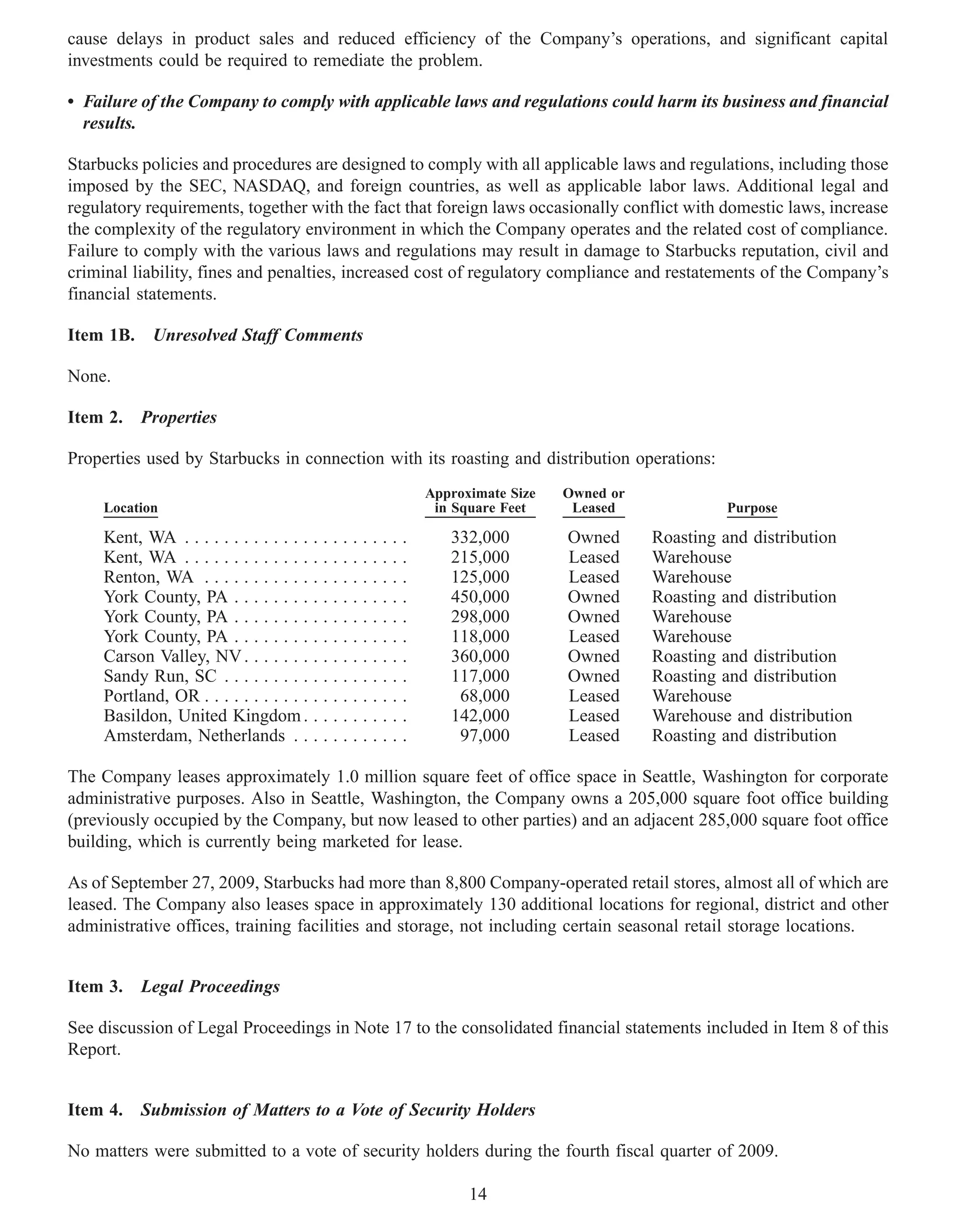 cause delays in product sales and reduced efficiency of the Company’s operations, and significant capital
investments could be required to remediate the problem.

• Failure of the Company to comply with applicable laws and regulations could harm its business and financial
  results.

Starbucks policies and procedures are designed to comply with all applicable laws and regulations, including those
imposed by the SEC, NASDAQ, and foreign countries, as well as applicable labor laws. Additional legal and
regulatory requirements, together with the fact that foreign laws occasionally conflict with domestic laws, increase
the complexity of the regulatory environment in which the Company operates and the related cost of compliance.
Failure to comply with the various laws and regulations may result in damage to Starbucks reputation, civil and
criminal liability, fines and penalties, increased cost of regulatory compliance and restatements of the Company’s
financial statements.

Item 1B. Unresolved Staff Comments

None.

Item 2.    Properties

Properties used by Starbucks in connection with its roasting and distribution operations:
                                                              Approximate Size   Owned or
     Location                                                  in Square Feet     Leased             Purpose

     Kent, WA . . . . . . . . . . . . . . . . . . . . . . .      332,000         Owned      Roasting and distribution
     Kent, WA . . . . . . . . . . . . . . . . . . . . . . .      215,000         Leased     Warehouse
     Renton, WA . . . . . . . . . . . . . . . . . . . . .        125,000         Leased     Warehouse
     York County, PA . . . . . . . . . . . . . . . . . .         450,000         Owned      Roasting and distribution
     York County, PA . . . . . . . . . . . . . . . . . .         298,000         Owned      Warehouse
     York County, PA . . . . . . . . . . . . . . . . . .         118,000         Leased     Warehouse
     Carson Valley, NV . . . . . . . . . . . . . . . . .         360,000         Owned      Roasting and distribution
     Sandy Run, SC . . . . . . . . . . . . . . . . . . .         117,000         Owned      Roasting and distribution
     Portland, OR . . . . . . . . . . . . . . . . . . . . .       68,000         Leased     Warehouse
     Basildon, United Kingdom . . . . . . . . . . .              142,000         Leased     Warehouse and distribution
     Amsterdam, Netherlands . . . . . . . . . . . .               97,000         Leased     Roasting and distribution

The Company leases approximately 1.0 million square feet of office space in Seattle, Washington for corporate
administrative purposes. Also in Seattle, Washington, the Company owns a 205,000 square foot office building
(previously occupied by the Company, but now leased to other parties) and an adjacent 285,000 square foot office
building, which is currently being marketed for lease.

As of September 27, 2009, Starbucks had more than 8,800 Company-operated retail stores, almost all of which are
leased. The Company also leases space in approximately 130 additional locations for regional, district and other
administrative offices, training facilities and storage, not including certain seasonal retail storage locations.


Item 3.    Legal Proceedings

See discussion of Legal Proceedings in Note 17 to the consolidated financial statements included in Item 8 of this
Report.


Item 4.    Submission of Matters to a Vote of Security Holders

No matters were submitted to a vote of security holders during the fourth fiscal quarter of 2009.

                                                                    14
 