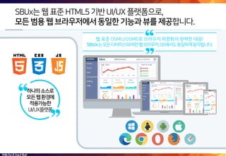 SBUx는웹표준HTML5기반UI/UX플랫폼으로,
모든범용웹브라우저에서동일한기능과뷰를제공합니다.
하나의소스로
모든웹환경에
적용가능한
UI/UX플랫폼
웹 표준 OSMU/OSMD로 브라우저 파편화의 완벽한 대응!
SBUx는모...