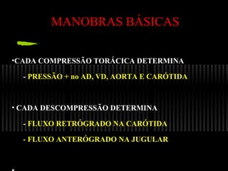 MANOBRAS BÁSICAS
•
•CADA COMPRESSÃO TORÁCICA DETERMINA
- PRESSÃO + no AD, VD, AORTA E CARÓTIDA

• CADA DESCOMPRESSÃO DETERMINA
- FLUXO RETRÓGRADO NA CARÓTIDA
- FLUXO ANTERÓGRADO NA JUGULAR

 