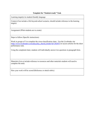 Template for “Student-ready” Task
Learning target(s) in student-friendly language
Context (Can include a life-beyond-school scenario; should include reference to the learning
targets)
Assignment (What students are to create)
Steps to follow (Specific instructions)
Work in groups of 3 to complete the cross-classification chart. Use the Livebinder site
(http://www.livebinders.com/play/play_shared_binder?id=282057) to access articles for the short
performance task.
Using the completed chart, students will individually answer two questions in paragraph form.
Materials (List or include reference to resources and other materials students will need to
complete the task)
How your work will be scored (Reference or attach rubric)
 