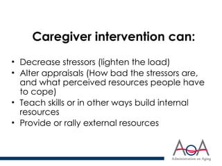 Caregiver intervention can:
• Decrease stressors (lighten the load)
• Alter appraisals (How bad the stressors are,
and what perceived resources people have
to cope)
• Teach skills or in other ways build internal
resources
• Provide or rally external resources
 
