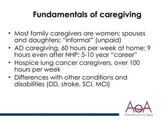 Fundamentals of caregiving
• Most family caregivers are women; spouses
and daughters; “informal” (unpaid)
• AD caregiving, 60 hours per week at home; 9
hours even after NHP; 5-10 year “career”
• Hospice lung cancer caregivers, over 100
hours per week
• Differences with other conditions and
disabilities (DD, stroke, SCI, MCI)
 