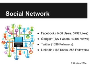 Social Network 
● Facebook (1406 Users, 3792 Likes) 
● Google+ (1271 Users, 43406 Views) 
● Twitter (1698 Followers) 
● Linkedin (166 Users, 255 Followers) 
2 Ottobre 2014 
 