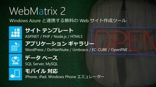 WebMatrix 2
Windows Azure と連携する無料の Web サイト作成ツール

    サイト テンプレート
    ASP.NET / PHP / Node.js / HTML5

    アプリケーション ギャラリー
    WordPress / DotNetNuke / Umbraco / EC-CUBE / OpenPNE ...

    データ ベース
    SQL Server, MySQL

    モバイル 対応
    iPhone, iPad, Windows Phone エミュレーター
 