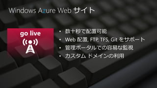Windows Azure Web サイト

            • 数十秒で配置可能
            • Web 配置, FTP, TFS, Git をサポート
            • 管理ポータルでの容易な監視
            • カスタム ドメインの利用
 