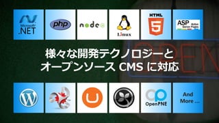 様々な開発テクノロジーと
オープンソース CMS に対応

                   And
                  More …
 