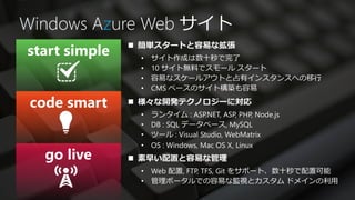 Windows Azure Web サイト
           簡単スタートと容易な拡張
           •   サイト作成は数十秒で完了
           •   10 サイト無料でスモール スタート
           •   容易なスケールアウトと占有インスタンスへの移行
           •   CMS ベースのサイト構築も容易
           様々な開発テクノロジーに対応
           •   ランタイム : ASP.NET, ASP, PHP, Node.js
           •   DB : SQL データベース, MySQL
           •   ツール : Visual Studio, WebMatrix
           •   OS : Windows, Mac OS X, Linux
           素早い配置と容易な管理
           • Web 配置, FTP, TFS, Git をサポート、数十秒で配置可能
           • 管理ポータルでの容易な監視とカスタム ドメインの利用
 