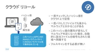 • 一度チェックしたハッシュ値を
クラウド上で記憶
• 一度パスしたファイルでも後から
マルウェアと分かることがある
• このハッシュ値の属性が変化して
マルウェア判定になった場合、自動
的に該当ファイルを暗号化された領
域へ隔離する
• フルスキャンをする必要が無い
クラウド リコール
Collective Security
Intelligence クラウド
ハッシュ値
属性値
3372c1ed
ab46837f
1e973164
fa2d726c
5c5e17bc
b888828c
cd7c4dfcc
234a370
このハッシュはPC-Aの
AAAというディレクトリ
にXXXというファイル名
で保存されている
Fil
e
 