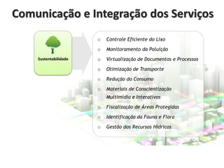 Comunicação e Integração dos Serviços
o

o
Sustentabilidade

Controle Eficiente do Lixo

Monitoramento da Poluição

o

Virtualização de Documentos e Processos

o

Otimização de Transporte

o

Redução do Consumo

o

Materiais de Conscientização
Multimídia e Interativos

o

Fiscalização de Áreas Protegidas

o

Identificação da Fauna e Flora

o

Gestão dos Recursos Hídricos

 