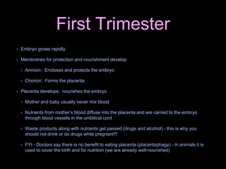 First Trimester
• Embryo grows rapidly
• Membranes for protection and nourishment develop
• Amnion: Encloses and protects the embryo
• Chorion: Forms the placenta
• Placenta develops: nourishes the embryo
• Mother and baby usually never mix blood
• Nutrients from mother’s blood diffuse into the placenta and are carried to the embryo
through blood vessels in the umbilical cord
• Waste products along with nutrients get passed (drugs and alcohol) - this is why you
should not drink or do drugs while pregnant!!!
• FYI - Doctors say there is no benefit to eating placenta (placentophagy) - in animals it is
used to cover the birth and for nutrition (we are already well-nourished)
 