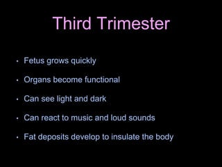 Third Trimester
• Fetus grows quickly
• Organs become functional
• Can see light and dark
• Can react to music and loud sounds
• Fat deposits develop to insulate the body
 