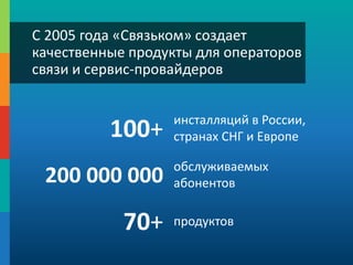 C 2005 года «Связьком» создает
качественные продукты для операторов
связи и сервис-провайдеров
200 000 000
100+ инсталляций в России,
странах СНГ и Европе
70+ продуктов
обслуживаемых
абонентов
 
