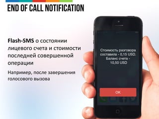 End of Call Notification
Flash-SMS о состоянии
лицевого счета и стоимости
последней совершенной
операции
Например, после завершения
голосового вызова
 