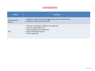 Feature Limitations
Social Customer
Service
• Maximum number of active managed social accounts: 500 Accounts
• Maximum number of post tags: 200
SOS
• Windows or BlackBerry mobile OS not supported
• Does not support Safari or IE
• Requires greater than 3G Networks
• Agent initiated SOS sessions
• SF1 not supported
Limitations
09/06/2016
 