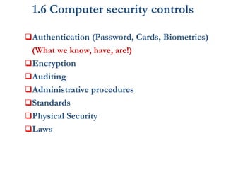 1.6 Computer security controls
Authentication (Password, Cards, Biometrics)
(What we know, have, are!)
Encryption
Auditing
Administrative procedures
Standards
Physical Security
Laws
 