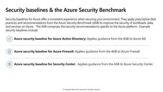 © Copyright Microsoft Corporation. All rights reserved.
Security baselines & the Azure Security Benchmark
Security baselines for Azure offer a consistent experience when securing your environment. They apply prescriptive best
practices and recommendations from the Azure Security Benchmark (ASB) to improve the security of workloads, data,
and services on Azure. The ASB comprises the security recommendations specific to the Azure platform. Example
security baselines include:
Azure security baseline for Azure Active Directory: Applies guidance from the ASB to Azure AD
Azure security baseline for Azure Firewall: Applies guidance from the ASB to Azure Firewall.
Azure security baseline for Security Center: Applies guidance from the ASB to Azure Security Center.
 