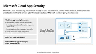 © Copyright Microsoft Corporation. All rights reserved.
Microsoft Cloud App Security
Microsoft Cloud App Security provides rich visibility to your cloud services, control over data travel, and sophisticated
analytics to identify and combat cyberthreats across all your Microsoft and third-party cloud services.
The Cloud App Security framework
· Discover and control the use of Shadow IT
· Protect your sensitive information anywhere
in the cloud
· Protect against cyberthreats and anomalies
· Assess your cloud apps' compliance
Office 365 Cloud App Security
Enhanced Cloud App Discovery in
Azure Active Directory
Microsoft Cloud App
Security architecture
 