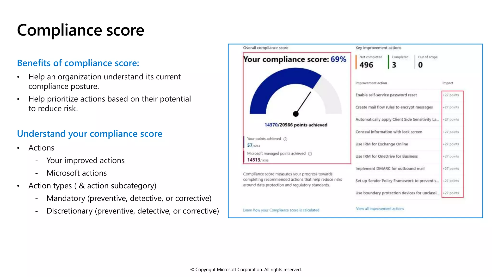 © Copyright Microsoft Corporation. All rights reserved.
Compliance score
Benefits of compliance score:
• Help an organization understand its current
compliance posture.
• Help prioritize actions based on their potential
to reduce risk.
Understand your compliance score
• Actions
- Your improved actions
- Microsoft actions
• Action types ( & action subcategory)
- Mandatory (preventive, detective, or corrective)
- Discretionary (preventive, detective, or corrective)
 