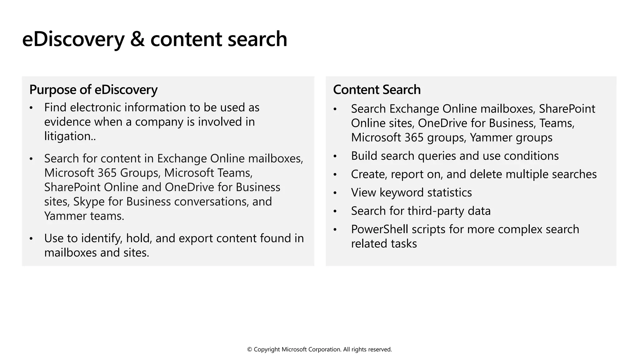 © Copyright Microsoft Corporation. All rights reserved.
eDiscovery & content search
Purpose of eDiscovery
• Find electronic information to be used as
evidence when a company is involved in
litigation..
• Search for content in Exchange Online mailboxes,
Microsoft 365 Groups, Microsoft Teams,
SharePoint Online and OneDrive for Business
sites, Skype for Business conversations, and
Yammer teams.
• Use to identify, hold, and export content found in
mailboxes and sites.
Content Search
• Search Exchange Online mailboxes, SharePoint
Online sites, OneDrive for Business, Teams,
Microsoft 365 groups, Yammer groups
• Build search queries and use conditions
• Create, report on, and delete multiple searches
• View keyword statistics
• Search for third-party data
• PowerShell scripts for more complex search
related tasks
 