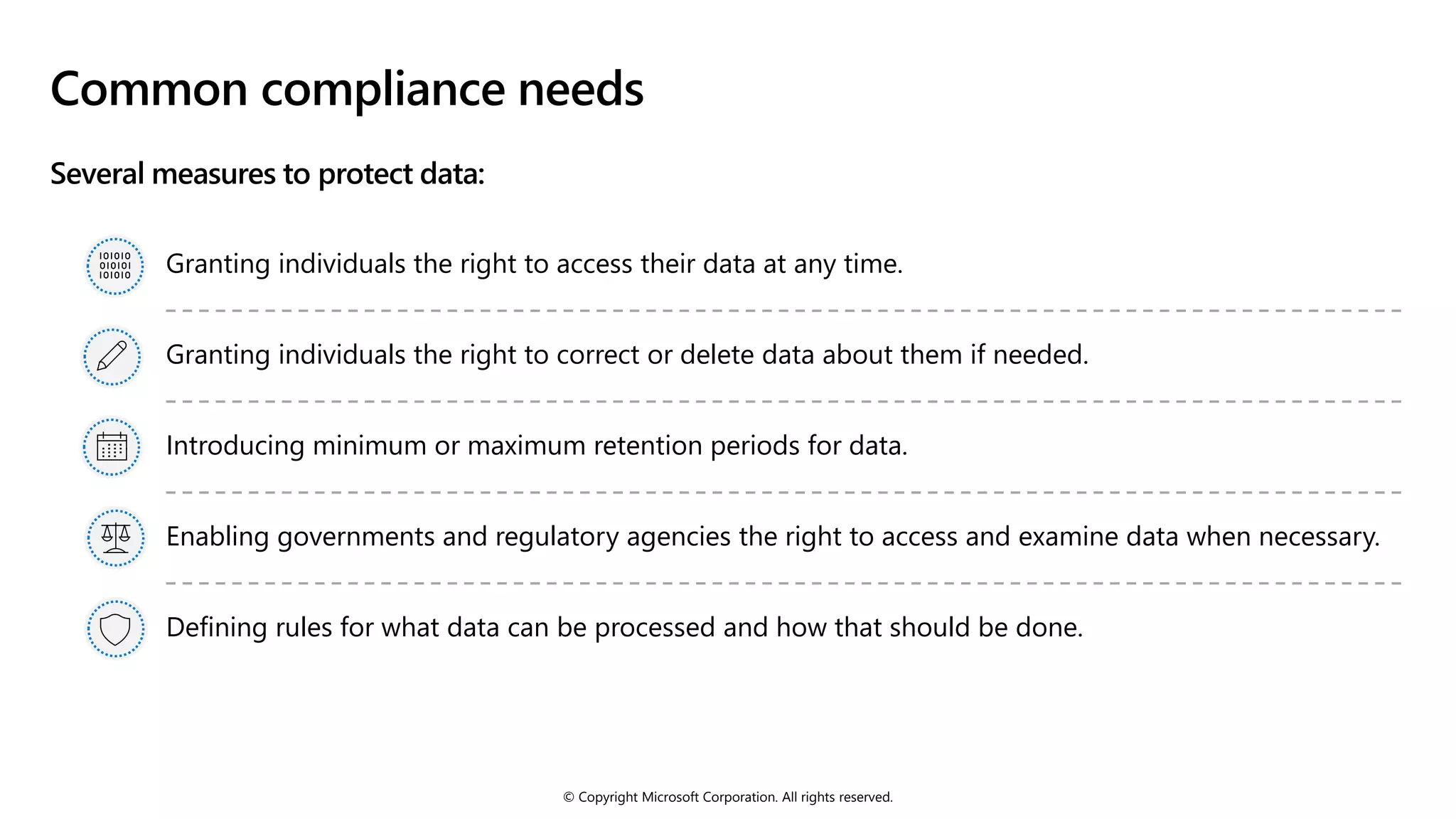 © Copyright Microsoft Corporation. All rights reserved.
Common compliance needs
Several measures to protect data:
Granting individuals the right to access their data at any time.
Granting individuals the right to correct or delete data about them if needed.
Introducing minimum or maximum retention periods for data.
Enabling governments and regulatory agencies the right to access and examine data when necessary.
Defining rules for what data can be processed and how that should be done.
 