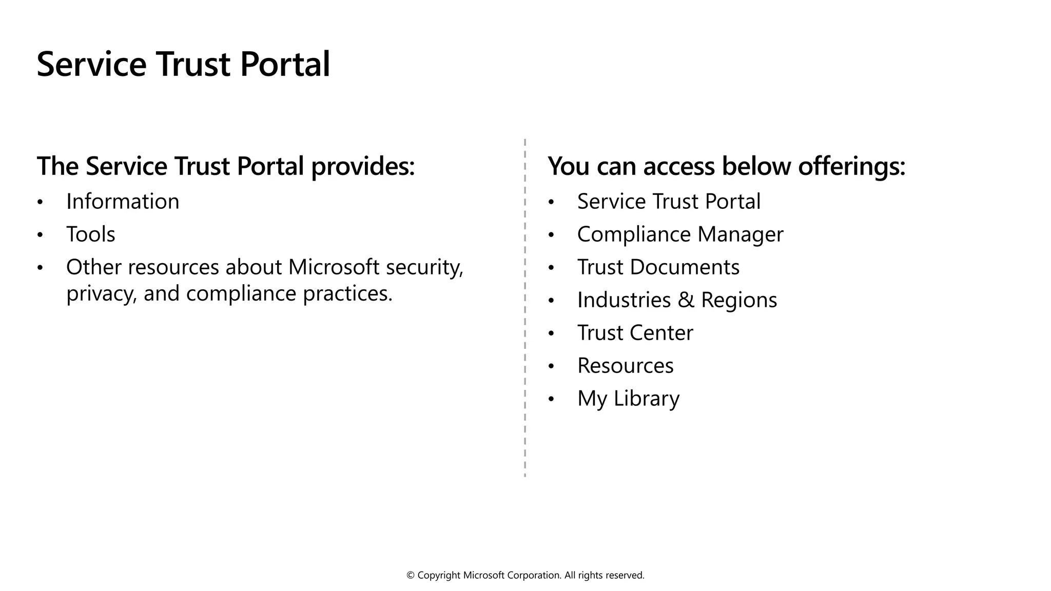© Copyright Microsoft Corporation. All rights reserved.
Service Trust Portal
The Service Trust Portal provides:
• Information
• Tools
• Other resources about Microsoft security,
privacy, and compliance practices.
You can access below offerings:
• Service Trust Portal
• Compliance Manager
• Trust Documents
• Industries & Regions
• Trust Center
• Resources
• My Library
 