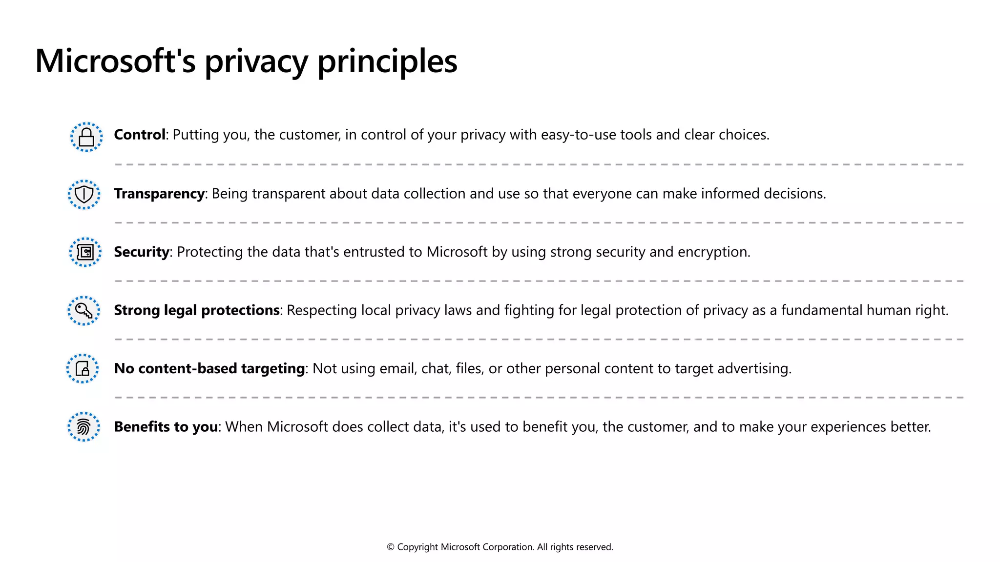 © Copyright Microsoft Corporation. All rights reserved.
Microsoft's privacy principles
Control: Putting you, the customer, in control of your privacy with easy-to-use tools and clear choices.
Transparency: Being transparent about data collection and use so that everyone can make informed decisions.
Security: Protecting the data that's entrusted to Microsoft by using strong security and encryption.
Strong legal protections: Respecting local privacy laws and fighting for legal protection of privacy as a fundamental human right.
No content-based targeting: Not using email, chat, files, or other personal content to target advertising.
Benefits to you: When Microsoft does collect data, it's used to benefit you, the customer, and to make your experiences better.
 
