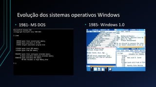 Evolução dos sistemas operativos Windows
• 1981- MS DOS • 1985- Windows 1.0
 