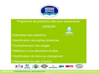 Programme de protection des eaux souterraines  AGRIVAIR Estimation des pollutions Identification des parties prenantes Compréhension des usages Réflexion a une alternative durable Identification de freins au changement Déploiement du plan d’action 