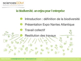 la biodiversité, un enjeu pour l’entreprise Introduction : définition de la biodiversité  Présentation Expo Nantes Atlantique Travail collectif  Restitution des travaux   