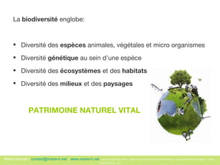 La  biodiversité  englobe:  Diversité des  espèces  animales, végétales et micro organismes Diversité  génétique  au sein d’une espèce  Diversité des  écosystèmes  et des  habitats Diversité des  milieux  et des  paysages  PATRIMOINE NATUREL VITAL  
