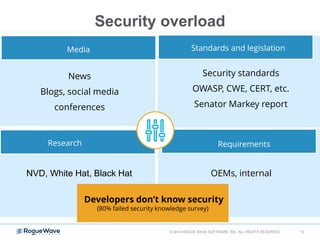 © 2014 ROGUE WAVE SOFTWARE, INC. ALL RIGHTS RESERVED 12
Security overload
News
Blogs, social media
conferences
Security standards
OWASP, CWE, CERT, etc.
Senator Markey report
NVD, White Hat, Black Hat OEMs, internal
Media More and more software running inside
your car
Standards and legislation
Research Requirements
Developers don’t know security
(80% failed security knowledge survey)
 