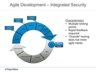 Accept
Sprint 1
Sprint 2
Sprint n Release
Change
Adjust and Track
Feedback
Review
Next Iteration
No!
Yes!
Release
to
Market
Integrate
and Test
Integrate
and Test
Integrate
and Test
Agile Development – Integrated Security
Characteristics
• Multiple testing
points
• Rapid feedback
required
• “Outside” testing
does not meet
agile needs
 
