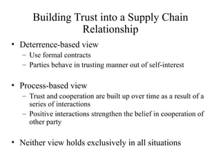 Building Trust into a Supply Chain
Relationship
• Deterrence-based view
– Use formal contracts
– Parties behave in trusting manner out of self-interest
• Process-based view
– Trust and cooperation are built up over time as a result of a
series of interactions
– Positive interactions strengthen the belief in cooperation of
other party
• Neither view holds exclusively in all situations
 