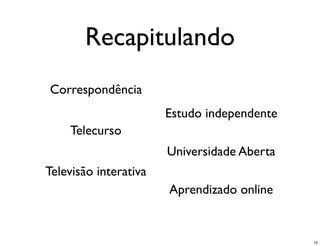 Recapitulando
Correspondência
                       Estudo independente
    Telecurso
                       Universidade Aberta
Televisão interativa
                       Aprendizado online


                                             15
 