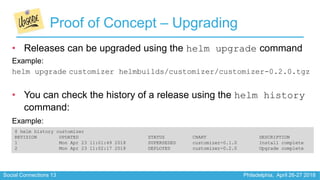 Social Connections 13 Philadelphia, April 26-27 2018
Proof of Concept – Upgrading
• Releases can be upgraded using the hel...