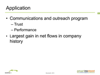 ©evolve24, 2010
16
Application
• Communications and outreach program
– Trust
– Performance
• Largest gain in net flows in company
history
 