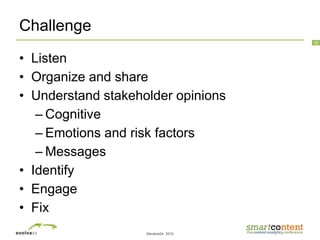 ©evolve24, 2010
19
Challenge
• Listen
• Organize and share
• Understand stakeholder opinions
– Cognitive
– Emotions and risk factors
– Messages
• Identify
• Engage
• Fix
 
