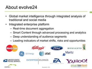 ©evolve24, 2010
2
About evolve24
• Global market intelligence through integrated analysis of
traditional and social media
• Integrated enterprise platform
– Real-time document aggregation
– Smart Content through advanced processing and analytics
– Deep understanding of audience segments
– Leading indicators of market shifts, risks and opportunities
 
