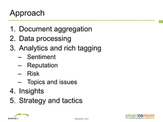 ©evolve24, 2010
3
Approach
1. Document aggregation
2. Data processing
3. Analytics and rich tagging
– Sentiment
– Reputation
– Risk
– Topics and issues
4. Insights
5. Strategy and tactics
 