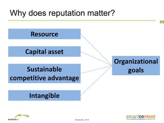 ©evolve24, 2010
8
Why does reputation matter?
Resource
Capital asset
Sustainable
competitive advantage
Intangible
Organizational
goals
 