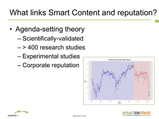 ©evolve24, 2010
9
What links Smart Content and reputation?
• Agenda-setting theory
– Scientifically-validated
– > 400 research studies
– Experimental studies
– Corporate reputation
 