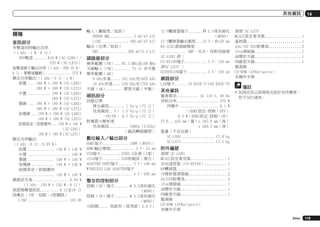 其他資訊

規格
音訊部分
多聲道同時輸出功率
（1 kHz、1 %、8 Ω）
共9聲道....... 810 W（SC-LX85）/
720 W（SC-LX75）
每聲道最大輸出功率 (1 kHz、THD 10 %、
6 Ω、單聲道驅動).
.............. 270 W
額定功率輸出（1 kHz，6 Ω，1 %）
前置.... 190 W + 190 W (SC-LX85)
180 W + 180 W (SC-LX75)
中置............ 190 W (SC-LX85)
180 W (SC-LX75)
環繞.... 190 W + 190 W (SC-LX85)
180 W + 180 W (SC-LX75)
後環繞.... 190 W + 190 W (SC-LX85)
180 W + 180 W (SC-LX75)
前側高音／前側廣角....190 W + 190 W
（SC-LX85）
180 W + 180 W（SC-LX75）
額定功率輸出
（1 kHz，8 Ω，0.09 %）
前置.............. 140 W + 140 W
中置...................... 140 W
環繞.............. 140 W + 140 W
後環繞............ 140 W + 140 W
前側高音／前側廣角
.................. 140 W + 140 W
總諧波失真. ................. 0.04 %
.
（1 kHz、130 W + 130 W、8 Ω）
保證揚聲器阻抗. ........ 6 Ω至16 Ω
.
訊噪比（IHF、短路、A型網路）
LINE..................... 103 dB

輸入（靈敏度／阻抗）
PHONO MM............ 5 mV/47 kΩ
.
LINE.............. 400 mV/47 kΩ
輸出（位準／阻抗）
REC.............. 380 mV/2.2 kΩ

調諧器部分
頻率範圍（FM）. .. 87.5 MHz至108 MHz
.
天線輸入（FM）. ....... 75 Ω 非平衡
.
頻率範圍（AM）
9 kHz步進. .... 531 kHz至1602 kHz
.
10 kHz步進. ... 530 kHz至1700 kHz
.
天線（AM）. ....... 環型天線（平衡）
.

視訊部分
訊號位準
複合視訊........ 1 Vp-p（75 Ω）
色差視訊.. Y： 1.0 Vp-p（75 Ω）
，PB/PR： 0.7 Vp-p（75 Ω）
對應最大解析度
色差視訊.......... 1080p (1125p)
（視訊轉換關閉）

數位輸入／輸出部分
HDMI端子. ............ 19針（非DVI）
.
HDMI輸出類型. ........... 5 V，55 mA
.
USB端子.......... USB2.0全速（A型）
.
iPod端子......... USB和視訊（複合）
.
ADAPTER PORT端子. ...... 5 V，100 mA
.
WIRELESS LAN ADAPTER端子
....................... 5 V，600 mA

整合的控制部分

控制（SR）端子. ...... ø 3.5迷你插孔
.
（MONO）
控制（IR）端子. ...... ø 3.5迷你插孔
.
（MONO）
.
IR訊號..... 高啟用（高等級：2.0 V）

12 V觸發器端子.
.......Ø 3.5迷你插孔
（MONO）
12 V觸發器輸出類型. 12 V，共150 mA
...
RS-232C連接線類型
............. 9針，叉式，母對母接頭
SC-LX85 限：
CU-RF100端子. .......... 5 V，150 mA
.
限SC-LX75 ：
EXTENSION端子. ......... 5 V，150 mA
.

網路部分
LAN端子. ..... 10 BASE-T/100 BASE-TX
.

其他資訊
電源需求. .......... AC 110 V, 60 Hz
.
消耗功率. .................... 370 W
.
待機中.................... 0.1 W
（HDMI設定-控制：OFF）
0.3 W（HDMI設定-控制：ON）
尺寸...435 mm（寬）x 185.6 mm（高）
.
x 440.3 mm（深）
重量（不含包裝）
SC-LX85................. 17.8 kg
SC-LX75................. 17.5 kg

14

假使 SC-LX75
MCACC設定麥克風. ................. 1
.
遙控器. .......................... 1
.
AAA/IEC R03乾電池. ............... 2
.
iPod連接線. ...................... 1
.
AM環形天線. ...................... 1
.
FM線型天線. ...................... 1
.
電源線
CD-ROM (AVNavigator)
本操作手冊

備註
!	如因改良以致規格及設計有所變更，
恕不另行通知。

附件編號
假使 SC-LX85
MCACC設定麥克風. ................. 1
.
全向遙控器（CU-RF100）. .......... 1
.
RF轉接器. ........................ 1
.
IR發射器連接線. .................. 2
.
AA/LR6乾電池. .................... 4
.
iPod連接線. ...................... 1
.
AM環形天線. ...................... 1
.
FM線型天線. ...................... 1
.
電源線
CD-ROM (AVNavigator)
本操作手冊
Zhtw

119

 