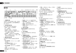 02

控制與顯示

!	THX－已選取其中一種Home THX模式
時會亮起（第45頁）。

顯示幕
1
AUTO

HDMI
DIGITAL
ANALOG

2
L
SL
XL

C
XC
LFE

3

16

MSTR

CD

TUNER
PHONO

iPod

17 18 19

1	 訊號指示燈
亮燈顯示目前所選的輸入訊號。當接收
器設為自動選擇輸入訊號時AUTO會亮
起（第46頁）。
2	 節目格式指示燈
亮起代表輸入數位訊號的聲道。
!	L/R－左前置／右前置聲道
!	C－中置聲道
!	SL/SR－左環繞／右環繞聲道
!	LFE－低頻音效聲道（(( ))指示燈在一
LFE訊號輸入時會亮起）
!	XL/XR－上述聲道以外的兩個聲道
!	XC－上述聲道以外的任一聲道，單環
繞聲道或矩陣編碼標籤
3	 數位格式指示燈
在偵測到以相對格式編碼的訊號時會
亮起。
!	2 DIGITAL－在Dolby Digital編碼
時亮起。
!	2 DIGITAL PLUS－在Dolby
Digital Plus編碼時亮起。
!	2 TrueHD－在Dolby TrueHD編碼時
亮起。
!	DTS－在DTS編碼時亮起。
!	DTS HD－在DTS-HD編碼時亮起。
12

Zhtw

5

6 7 8 9

10

11

12

13

DSD PCM FULL BAND
TUNED
R 2DIGITAL PLUS
2TrueHD
MULTI-ZONE
PQLS ALC
ATT STEREO
SR DTS HD ES 96/24 S.RTRV SOUND UP MIX OVER MONO
XR

AUTO SURROUND
STREAM DIRECT
2PROLOGIC x
THX ADV.SURROUND
STANDARD
SP AB
SLEEP

6

4

DVD TV
BD DVR

14 15

dB

8	 類比訊號指示燈
亮起時表示降低類比訊號的位準
（第62頁）。

VIDEO HMG USB
HDMI [ 2 ] [ 3 ] [ 4 ]

20

(PHASE CONTROL)
7	
相位控制（第46頁）或全頻相位控制
（第47頁）開啟時指示燈將亮起。

21

!	96/24－在DTS 96/24編碼時亮起。
!	DSD PCM－在以SACD轉換DSD（直流
數位）PCM期間亮起。
!	PCM－播放PCM訊號時亮起。
!	MSTR－播放DTS-HD Master Audio
訊號時亮起。
4	 MULTI-ZONE
MULTI-ZONE模式啟動時會亮起
（第61頁）。
5	 FULL BAND
全頻相位控制開啟時指示燈將亮起
（第47頁）。
6	 聆聽模式指示燈
!	AUTO SURROUND－自動環繞聲功
能開啟時會亮起（第44頁）。
!	ALC－選取ALC（自動音量控制）模
式時亮起（第44頁）。
!	STREAM DIRECT－選取直接／純音
直接時會亮起（第46頁）。
!	ADV.SURROUND－選擇其中一種進
階環繞模式時指示燈會亮起
（第45頁）。
!	STANDARD－在啟用了其中一個標
準環繞聲模式時會亮起（第44頁）。

9	 PQLS
PQLS模式啟動時會亮起（第54頁）。
10	調諧器指示燈
!	TUNED－接收廣播時指示燈亮起。
!	STEREO－自動立體聲模式接收立體
FM廣播時指示燈亮起。
!	MONO－單聲道模式設為 MPX 時指
示燈會亮起。
11	
音效關閉後則會亮起。
12	SOUND
選擇DIALOG E（對話增強）或TONE
（音調控制）功能（第56頁）時會亮起。
13	主音量
顯示整體音量。
「---」指最小位準，而「+12dB」指最
大位準。
14	輸入功能指示燈
亮起表示您已選取的輸入功能。
15	捲動指示燈
進行各種設定時，在有更多可選擇項目
時亮起。
16	揚聲器指示燈
亮起代表目前使用SPEAKERS的揚聲器
系統（第60頁）。

17	SLEEP
接收器處於睡眠模式時指示燈會亮起
（第62頁）。
18	矩陣解碼格式指示燈
!	2PRO LOGIC IIx－2 Pro Logic II
/ 2 Pro Logic IIx 解碼時此燈會
亮起（第44頁）。
19	S.RTRV
啟動自動聲音接收器功能時會亮起
（第56頁）。
20	字元顯示幕
顯示多種系統資訊。
21	遙控模式指示燈
指示接收器的遙控模式設定時亮起。
（設定為1時不顯示。） (第95頁)

 