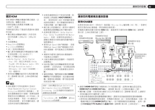 連接您的設備

關於HDMI
HDMI連接可傳輸未壓縮的數位視訊，以
及將近每一種數位音訊。
本接收器整合高傳真多媒體介面
（HDMI®）技術。
本接收器支援以下描述的透過HDMI連接
的功能。
!	數位傳送未壓縮的視訊（內容受到
HDCP的保護（1080p/24、1080p/60
等））
!	3D訊號傳送
!	Deep Color訊號傳送
!	x.v.Color訊號傳送
!	ARC（音訊回傳通道）
!	輸入最多8個頻道的多頻道線性PCM數
位音訊訊號（192 kHz或以下）
!	輸入下列數位音訊格式：
—Dolby Digital、Dolby Digital
Plus、DTS、高位元率音訊（Dolby
TrueHD、DTS-HD Master Audio、DTSHD High Resolution Audio）、
DVD-Audio、CD、SACD（DSD訊號）、
VCD、超級VCD
!	使用HDMI控制功能同步化與設備的操
作（請參閱 第53頁 上HDMI控制功能
乙節）。

備註
!	HDMI連接只可用在能與DVI及HDCP
(High Bandwidth Digital Content
Protection)相容的DVI型設備上。 若
是您選擇連接至DVI接頭，那麼您就需
要使用另外的轉接頭（DVIdHDMI）來
完成此項連接。 然而，DVI連接並不
支援音訊訊號。 更多有關的資訊，請
洽您所在地的音響經銷商。

!	如果您連接與HDCP不相容的設備，則
前面板上將會顯示HDCP ERROR訊
息。 某些相容於 HDCP 的設備仍會造
成該訊息顯示，但只要播放影像時沒
有發生問題，就不屬於故障。
!	視已接上的設備而定，使用DVI連接可
能會導致訊號傳輸出現不穩的情形。
!	此接收器支援SACD、Dolby Digital
Plus、Dolby TrueHD及DTS-HD Master
Audio。 但是，如要利用這些格式，
請確定連接至本接收器的設備同樣支
援對應格式。
!	使用High Speed HDMI®連接線。 若使
用除High Speed HDMI®連接線以外的
HDMI連接線，則可能無法正常發揮作
用。
!	連接有內建等化器的HDMI連接線時，
可能無法正常操作。
!	只能在連接至相容設備時，才能使用
訊號傳送。
!	HDMI格式數位音訊傳輸需要更長的確
認時間。 正因為如此，在切換音訊格
式或開始播放時，可能會發生音訊中
斷。
!	播放時開啟／關閉連接本機的HDMI
OUT端子的裝置電源，或在播放時脫
離／連接HDMI連接線，都可能造成雜
訊或音訊中斷。

HDMI、HDMI標誌及High-Definition
Multimedia Interface均為HDMI
Licensing, LLC在美國和其他國家的
商標或註冊商標。
「x.v.Color」和
Corporation的商標。

是Sony

03

連接您的電視機及播放設備
使用HDMI連接
如果您有HDMI或DVI（附HDCP）型設備（Blu-ray Disc播放機（BD）等），您便可
使用市售的HDMI連接線，將其連接至接收器。
若電視及播放設備支援HDMI控制功能，就能使用方便的HDMI控制功能（請參閱
第53頁 上HDMI控制功能 乙節）。

HDMI/DVI
Blu-ray disc

HDMI/DVI

HDMI/DVI
HDMI OUT

HDMI OUT
HDMI IN

AUDIO OUT

DIGITAL OUT
COAXIAL OPTICAL

R ANALOG L

(ARC)
IN 1

HDMI

IN 4
(VIDEO)

IN 2

IN 5
(DVD)

BD IN

IN 6
(DVR/BDR)

OUT 1
(CONTROL)

Y

PB

VIDEO COAXIAL

PR

MONITOR
OUT

CD IN

IN 1

SIGNAL
GND

PHONO
IN

IN 1

(DVD)

OPTICAL

ASSIGNABLE

IN 2

(DVD)

(CD)

IN 1

(OUTPU
0.1 A

LAN

for WIRELESS LAN
(OUTPUT
5V
0.6 A MAX)

1 6

COMPONENT VIDEO

ADAPTE

DC OUTPUT

OUT 2

ASSIGNABLE
ASSIGNABLE

(10/100)
ASSIGNABLE

IN 2

IN 3

OU

(TV/SAT) (DVR/BDR) (VIDEO)

IN 2

(DVR/
BDR)

ZONE 2 ZONE 3
OUT
OUT

DVD
IN

TV/SAT
IN

VIDEO
IN

DVR/BDR
IN
OUT

FRONT 1 SUBWOOFER 2 SURROUND SURR BACK F HEIGHT
(Single)

F WIDE

FRONT

CENT

IN 3

(VIDEO)
MONITOR
OUT

AUDIO

ZONE2
OUT

A

R

RS-232C

AM LOOP

ANTENNA
IN 1
IR
CU-RF100 OUT

(OUTPUT 5 V
150 mA MAX)

IN

L

CENTER

PRE OUT

CENTER
R

FRONT HEIGHT

L

R

FRONT WIDE /

B

L

SUBWO

R

SPEAKERS

FM UNBAL 75

IN 2 OUT

FRONT

1

2
(OUTPUT 12 V
TOTAL 150 mA MAX)

CONTROL 12 V TRIGGER

!	請使用HDMI OUT 2端子連接HDMI/DVI相容顯示器，並將HDMI輸出設定設為
HDMI OUT 2或HDMI OUT ALL。 請參閱 第62頁 上切換HDMI輸出 乙節。
!	關於輸入設備，可使用HDMI連接方式以外的連接方式（請參閱 第26頁 上連接沒
有HDMI輸出的DVD播放器 乙節）。
!	如果您要透過接收器收聽電視機的聲音，請使用音訊線連接接收器和電視機。
—使用HDMI連接電視與接收器時，若電視支援HDMI ARC（音訊回傳通道）功能，則
電視的聲音可透過HDMI OUT端子輸入，而不需要連接音訊連接線。 此時，請
在HDMI設定將TV Audio設為通過HDMI（請參閱 第53頁 上HDMI設定）。
Zhtw

25

 