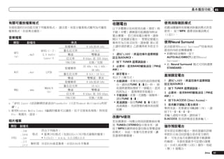 基本播放功能

有關可播放檔案格式

收聽電台

使用消除雜訊模式

本接收器的USB功能支援下列檔案格式。 請注意，有部分檔案格式雖列為可播放
檔案格式，但是無法播放。

以下步驟顯示如何使用自動（搜索）與
手動（步驟）調頻器功能調諧FM與AM
電台廣播。 若已得知電台頻率，請參
閱以下直接調至電台。 想要記憶電台
頻率作為日後召回用，請參閱 第41頁
上儲存預設電台 乙節獲得更多設定方
法。

05

收聽AM廣播時有兩種消除雜訊模式供您
使用。 按下MPX 選擇消除雜訊模式
（1至2）。

音樂檔案
類型

副檔名

MP3
<a>

.mp3

串流
MPEG-1、2、
2.5 Audio
Layer-3

取樣頻率
量化位元率
聲道
位元率
VBR/CBR
取樣頻率

WAV

.wav

WMA

.wma

LPCM

WMA8/9
<b>

量化位元率
聲道
取樣頻率
量化位元率
聲道
位元率
VBR/CBR

8 kHz至48 kHz
16 bit
雙聲道
8 kbps 至 320 kbps
支援／支援
32 kHz、44.1 kHz、
48 kHz
8 bit，16 bit
雙聲道、單音
8 kHz至48 kHz
16 bit
雙聲道
8 kbps 至 320 kbps
支援／支援

a	「MPEG Layer-3音訊解碼技術是由Fraunhofer IIS及Thomson Multimedia所授
權。」
b	使用Windows Media Codec 9編碼的檔案可以播放，但不支援某些規格，特別是
Pro、無損失、語音。

相片檔案
類型

副檔名

JPEG

.jpg
.jpeg
.jpe
.jif
.jfif

格式

符合下列條件：
!	基準JPEG格式（包括以Exif/DCF格式錄製的檔案）
!	Y:Cb:Cr - 4:4:4, 4:2:2或4:2:0

解析度 30至8184垂直像素，40至8184水平像素

1	 限SC-LX85 ：將遙控操作選擇開關
設定為SOURCE。
2	 按下 TUNER 選擇調諧器。
3	 必要時，使用BAND變換波段（FM或
AM）。
4	 調至電台。
有以下三種方式：
!	自動調頻－若要在目前的波段搜索電
台，請長按TUNE i/j約一秒。 接
收器將會開始搜索下一個電台，直到
找到為止。 重複搜索其他電台。
!	手動調頻－若要一次調整一個頻率，
請按TUNE i/j。
!	高速調諧－按住TUNE i/j可進行
高速調諧。 找到想要的頻率後放開
按鍵。

改善FM音效
若在調選到一FM電台時因訊號微弱而導
致 TUNED或STEREO指示燈未亮，請
按下MPX按鍵將接收器切換至單聲道接
收模式。 如此一來應可改善音質，讓
您盡情聆聽廣播。

使用Neural Surround
此功能使用Neural SurroundTM技術得到
最佳的FM收音機環繞聲。
!	聆聽FM收音機時，按下
AUTO/ALC/DIRECT以使用Neural
Surround。
!	此 Neural Surround 模式可同時選擇
STANDARD。

直接調至電台
1	 限SC-LX85 ：將遙控操作選擇開關
設定為SOURCE。
2	 按下 TUNER 選擇調諧器。
3	 必要時，使用BAND變換波段（FM或
AM）。
4	 按下D.ACCESS (Direct Access)。
5	 使用數字鍵輸入電台頻率。
舉例來說，若要調至106.00（FM），請
按下1，0，6，0，0。
若輸入過程中有誤，請按兩下
D.ACCESS 取消該頻道並重新輸入。

儲存預設電台
若有固定收聽的電台，接收器儲存該頻
率對於日後召回該電台是非常方便的
事。 可免去每次收聽時都要手動調頻
的麻煩。 本接收器最多可記憶63個電
台，分成七組或類（A至G）儲存，每組
（類）9 個電台。
Zhtw

41

 