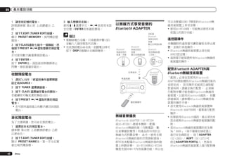 05

基本播放功能

1	 調至欲記憶的電台。
詳情請參閱 第41頁 上收聽電台 乙
節。
2	 按下T.EDIT (TUNER EDIT)按鍵。
顯示 PRESET MEMORY，後閃爍記憶
類別。
3	 按下CLASS選取七組中一個類組，然
後按下PRESET k/l選取想要的預設電
台。
亦可使用數字鍵選擇預設電台。

3	 輸入想要的名稱。
使用i/j選擇字元，k/l則是用來設
定位置，ENTER用來確認選項。

以無線方式享受音樂的
Bluetooth ADAPTER

備註
!	要刪除電台名稱，只須重複步驟1至3
並輸入八個空格取代名稱。
!	完成預設電台命名後，收聽電台時可
按下 DISP切換顯示名稱與頻率。

Bluetooth

Bluetooth

Bluetooth

+
Bluetooth

4	 按下ENTER。
按下 ENTER後，預設級別與號碼停止
閃爍，接收器儲存電台。
Bluetooth®
ADAPTER

收聽預設電台
1	 限SC-LX85 ：將遙控操作選擇開關
設定為SOURCE。
2	 按下 TUNER 選擇調諧器。
3	 按下 CLASS 選擇儲存電台的類別。
若繼續按可輪流選取類組A至G。

ADVANCED
MCACC

FL OFF

INPUT
SELECTOR

HDMI

iPod iPhone iPad

MASTER
VOLUME

STANDBY /ON

4	 按下PRESET k/l選取所要的預設
電台。
!	亦可使用遙控器上的數字鍵召回預設
電台。

命名預設電台
為了方便辨識，您可命名預設電台。
1	 選擇欲命名的預設電台。
請參閱 第42頁 上收聽預設電台 乙節
以便命名。
2	 按下T.EDIT (TUNER EDIT)按鍵。
顯示 PRESET NAME後，第一字元位置
會出現閃爍游標。
42

Zhtw

無線音樂播放
Bluetooth ADAPTER（AS-BT100
或AS-BT200）連接本機時，配備
Bluetooth無線技術（行動電話、數
位音樂播放機等）的產品即可用於以
無線方式聆聽音樂。 此外，使用支援
Bluetooth無線技術的市售發射器後，
即可在未配備Bluetooth無線技術的裝
置上聆聽音樂。 AS-BT100與AS-BT200
機型支援SCMS-T內容保護功能，所以也

可以在配備SCMS-T類型的Bluetooth無
線技術裝置上享受音樂。
!	使用AS-BT100時，可能無法使用本接
收器上的部分功能。

遙控器操作
本機隨附的遙控器可讓您播放及停止媒
體，並執行其他操作。
!	Bluetooth無線技術裝置必須支援
AVRCP設定檔。
!	遙控器不能保證所有Bluetooth無線技
術裝置的操作。

配對Bluetooth ADAPTER與
Bluetooth無線技術裝置
「配對」必須在您使用Bluetooth
ADAPTER開始播放Bluetooth無線技術內
容前完成。 首次操作系統或已清除配
對資料時，請確定執行配對。 必須執
行配對步驟才能登錄Bluetooth無線技
術裝置，以啟用Bluetooth通訊。 有關
詳細資訊，請參閱Bluetooth無線技術
裝置的操作手冊。
!	首次使用Bluetooth無線技術裝置與
Bluetooth ADAPTER時，需要進行配對
操作。
!	如要啟用Bluetooth通訊，就必須完成
您系統與Bluetooth無線技術裝置的配
對。
!	若Bluetooth無線技術裝置的安全碼
為「0000」，則不需要在接收器上
進行安全碼設定。 按下ADAPTER
(SC-LX85) / ADPT (SC-LX75)可
設定ADAPTER PORT輸入，然後在
Bluetooth無線技術裝置上進行配對操

 