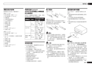 使用前

清點包裝內容物
請清點是否收到以下隨附配件：

假使 SC-LX85
!	設定麥克風（線長：5 m）
!	全向遙控器（CU-RF100）
!	RF轉接器
!	IR發射器連接線x2
!	AA/LR6乾電池x4
!	AM環形天線
!	FM線型天線
!	iPod連接線
!	電源線
!	CD-ROM (AVNavigator)
!	本操作手冊
假使 SC-LX75
!	設定麥克風（線長：5 m）
!	遙控器
!	AAA/IEC R03乾電池（以確保系統運
作）x2
!	AM環形天線
!	FM線型天線
!	iPod連接線
!	電源線
!	CD-ROM (AVNavigator)
!	本操作手冊

有關另售Bluetooth
ADAPTER及無線LAN轉換器
的注意事項

裝入電池

遙控器的操作範圍

假使 SC-LX85

在以下狀況下，遙控器可能無法正常
運作：
!	遙控器與接收器的遙控感應器之間有
障礙物。
!	日光或螢光燈直射遙控感應器。
!	接收器距離會發射紅外線的設備太
近。
!	接收器與其他紅外線遙控器設備同時
操作。

採用以下選購產品的國家∕地區，將按
照清單於操作手冊中詳細說明。

選購產品 型號
ASBT100

Bluetooth
ADAPTER
ASBT200

無線LAN轉 AS換器
WL300

採用該產品的國
家∕地區
新加坡、馬來西
亞、泰國、澳大
利亞、紐西蘭、
香港
新加坡、馬來西
亞、泰國、澳大
利亞、紐西蘭、
香港、臺灣
新加坡、馬來西
亞、泰國、澳大
利亞、紐西蘭、
香港、臺灣

安裝接收器
!	在安裝本機時，請確實將其安放在水
平且平穩的表面上。
!	切勿安裝在以下地方：
—彩色電視機上（畫面可能失真）
—卡式錄音座附近（或靠近會產生磁場
的設備）。 這會對聲音造成干擾。
—陽光直射的地方
—濕氣重或潮濕的地方
—極熱或極冷的場所
—有振動或其他動作的場所
—灰塵多的場所
—有熱霧或油氣的場所（如廚房）

01

假使 SC-LX75
本機內附的電池可用於檢查初始操作；
電池電量可能不夠長時間使用。 建議
使用壽命較長的鹼性電池。

30°

警告
!	切勿在受到陽光直射或車內、加熱設
備附近等極熱的場所中使用或存放電
池。 如此可能會導致電池滲漏、過
熱、爆炸或起火。 還會降低電池的使
用壽命或效能。

注意
電池使用不當會導致滲漏及爆炸等危
險。 請遵守下列安全注意事項：
!	新舊電池切勿混合使用。
!	裝入電池時，請正確對照電池匣內的
正負極標示。
!	電池形狀雖然相同，電壓卻不盡相
同。 不同電壓的電池切勿混合使用。
!	處理廢舊電池時，請遵守政府條例或
適用於貴國或地區的環境公共指令規
則。

30°

7m

備註
連接RF轉接器至RS-232C及CU-RF100
端子（SC-LX85）/ EXTENSION端子
（SC-LX75）後，CU-RF100全向遙控器
即可用於接收器的RF雙向通訊。 使用
RF雙向通訊時，接收器的顯示幕資訊會
顯示在您手中的遙控器上，而操作遙控
器時不必擔心有阻礙或遙控器指向的方
向。 詳情請參閱 第8頁 上操作RF雙向
通訊接收器流程。
!	SC-LX85隨附RF轉接器及CU-RF100全向
遙控器，SC-LX75則需另外購買。
!	RF雙向通訊的最長視線範圍約為10 m。
此視線範圍通訊距離僅為粗估，可能
會因環繞的環境而異。
Zhtw

7

 